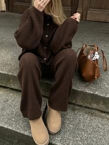 Louniche Women's Coffee-Colored Vertical Ribbed Knit Set, Lapel Heart-Shaped Button Short Cardigan + Wide-Leg Long Pants, Soft And Loose Fit, Suitable For Home Leisure And Daily Outfits - Coffee Brown - View 4