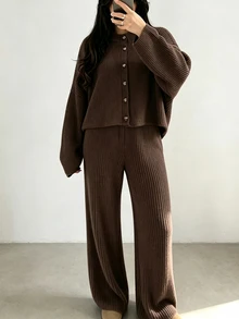 Louniche Women's Coffee-Colored Vertical Ribbed Knit Set, Lapel Heart-Shaped Button Short Cardigan + Wide-Leg Long Pants, Soft And Loose Fit, Suitable For Home Leisure And Daily Outfits - Coffee Brown - View 1