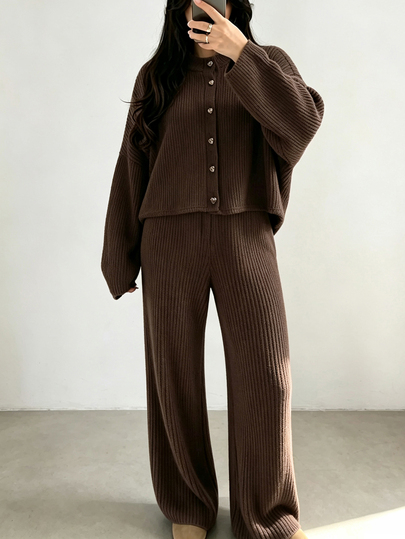 Louniche Women's Coffee-Colored Vertical Ribbed Knit Set, Lapel Heart-Shaped Button Short Cardigan + Wide-Leg Long Pants, Soft And Loose Fit, Suitable For Home Leisure And Daily Outfits