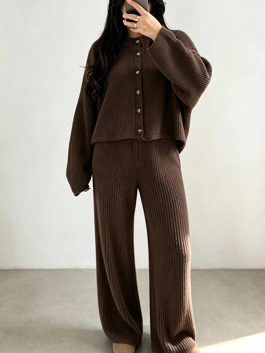 Louniche Women's Coffee-Colored Vertical Ribbed Knit Set, Lapel Heart-Shaped Button Short Cardigan + Wide-Leg Long Pants, Soft And Loose Fit, Suitable For Home Leisure And Daily Outfits - Coffee Brown - View 1