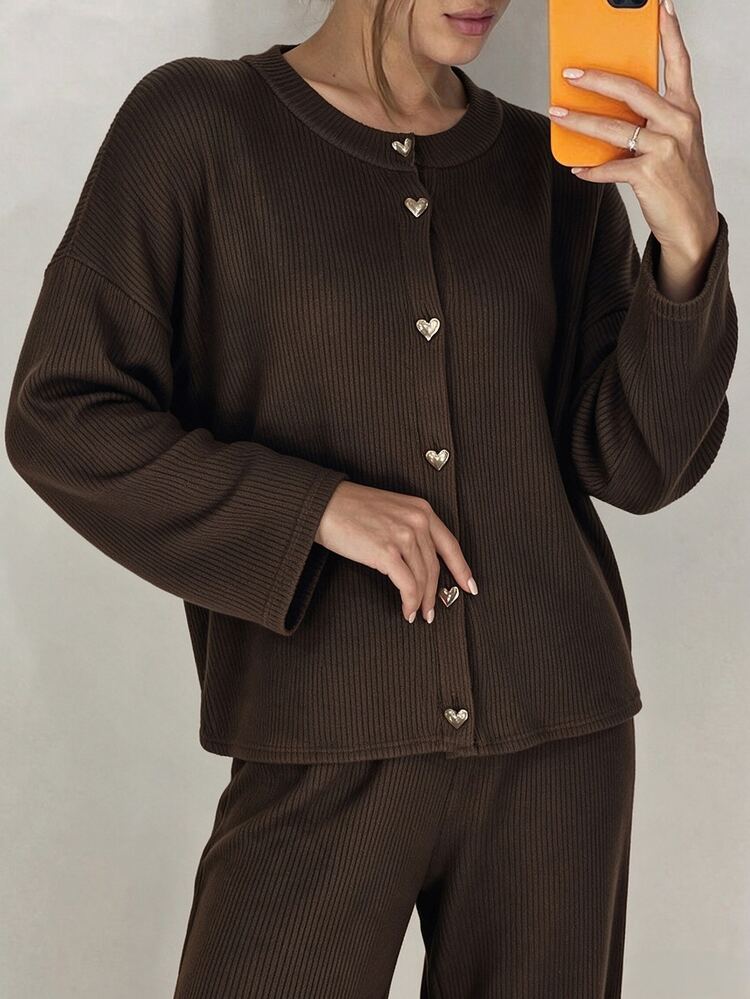 SHEIN LUNE Women's Coffee-Colored Vertical Ribbed Knit Set, Lapel Heart-Shaped Button Short Cardigan + Wide-Leg Long Pants, Soft And Loose Fit, Suitable For Home Leisure And Daily Outfits - Coffee Brown - View 3