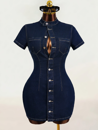 Mistrie Women's Outdoor Fashion Pocket Slim Fit High Elasticity Sexy Button-Up Stand Collar Buckle Deep Blue Denim Dress