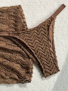 SHEIN Swim 針織提花面料掛脖綁帶金屬吊墜比基尼裙 3件套 - 銅色 - 查看 5