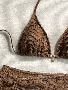 SHEIN Swim 針織提花面料掛脖綁帶金屬吊墜比基尼裙 3件套 - 銅色 - 查看 6