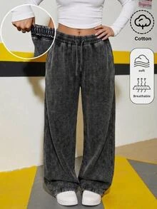SHEIN 青少年女孩黑色針織牛仔寬鬆寬腿長褲 Y2K 秋季冬季休閒服飾 - 黑色 - 查看 2