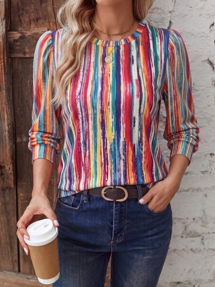 Glimmora New Autumn/Winter Women's Fashion Casual Versatile Colorful Striped Petal Sleeve Round Neck Long Sleeve T-Shirt - Multicolor - View 4