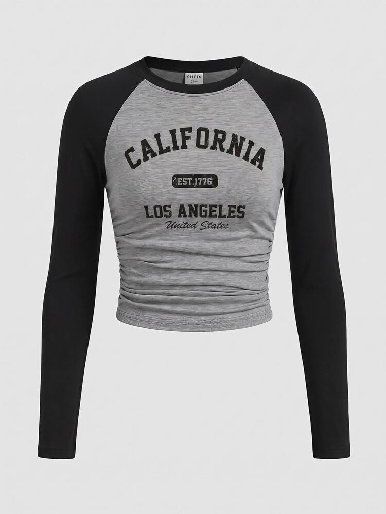 SHEIN Teen Girl Round Neck Raglan Sleeve Letter Print Casual Everyday Long Sleeve T-Shirt - Multicolor - View 4