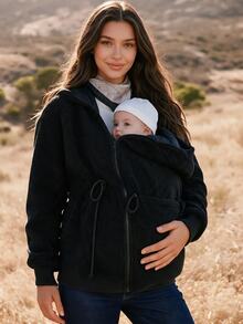 Boho Mama 孕婦純色長袖拉鍊抽繩連帽三合一外套 秋季 - 黑色 - 查看 2