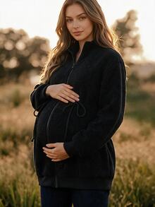 Boho Mama 孕婦純色長袖拉鍊抽繩連帽三合一外套 秋季 - 黑色 - 查看 8