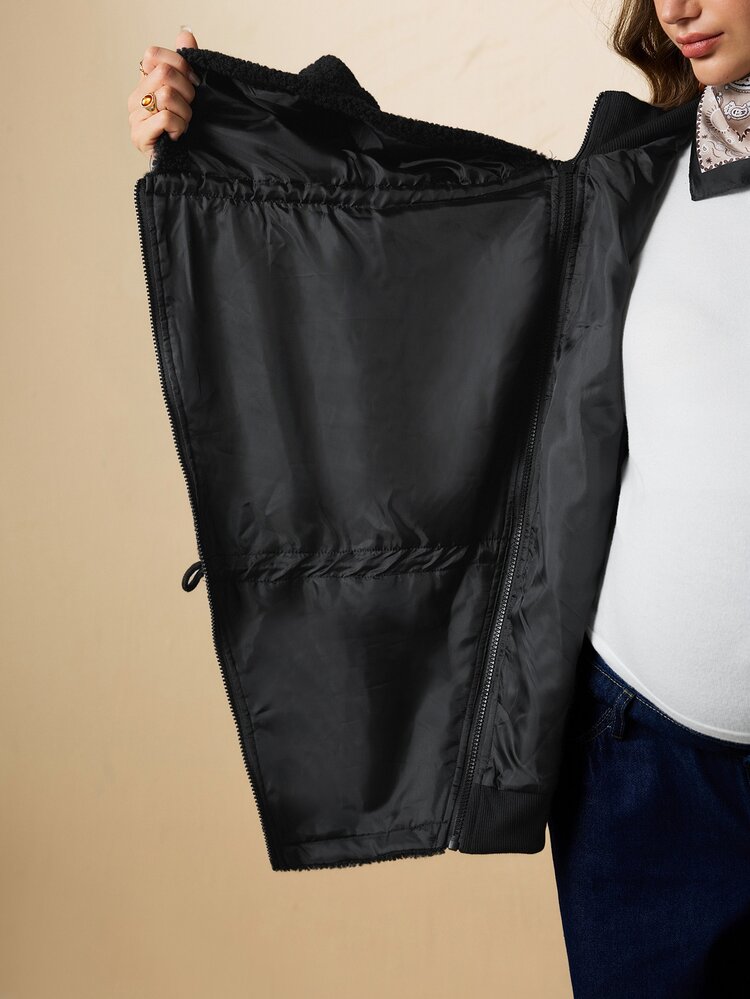 Boho Mama Maternity Solid Color Long Sleeve Zip-Up Drawstring Hooded 3-In-1 Jacket Fall - Black - View 9