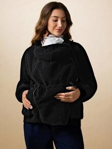 Boho Mama 孕婦純色長袖拉鍊抽繩連帽三合一外套 秋季 - 黑色 - 查看 3