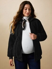 Boho Mama 孕婦純色長袖拉鍊抽繩連帽三合一外套 秋季 - 黑色 - 查看 5
