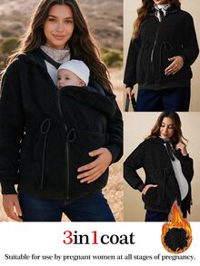Boho Mama 孕婦純色長袖拉鍊抽繩連帽三合一外套 秋季 - 黑色 - 查看 1