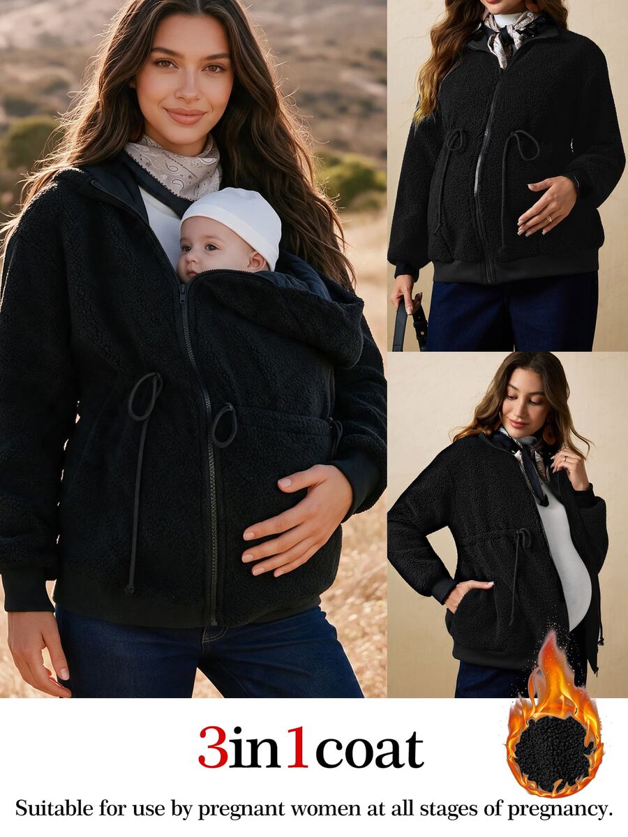 Boho Mama 孕婦純色長袖拉鍊抽繩連帽三合一外套 秋季 - 黑色 - 查看 1