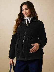Boho Mama 孕婦純色長袖拉鍊抽繩連帽三合一外套 秋季 - 黑色 - 查看 4