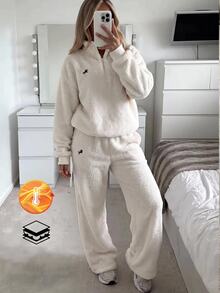 SHEIN EZwear 女款騎士圖案長袖上衣與長褲休閒日常兩件套居家服 乳白色 秋季 - 杏色 - 查看 2