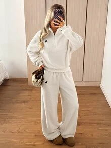SHEIN EZwear 女款騎士圖案長袖上衣與長褲休閒日常兩件套居家服 乳白色 秋季 - 杏色 - 查看 6
