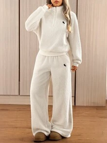 SHEIN EZwear 女款騎士圖案長袖上衣與長褲休閒日常兩件套居家服 乳白色 秋季 - 杏色 - 查看 4