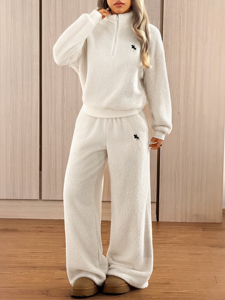 SHEIN EZwear Women's Knight Pattern Long Sleeve Top And Pants Casual Daily 2 Pieces Set Lounge Cream White Autumn - Apricot - View 4