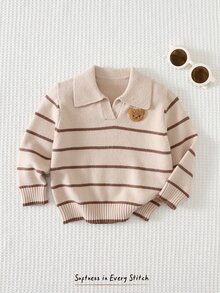 Cozy Pixies Baby Boy Cartoon Bear Pattern Knitted Soft Striped Collar Long Sleeve Pullover Autumn Winter Sweater - Brown - View 7