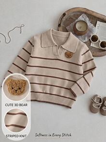 Cozy Pixies Baby Boy Cartoon Bear Pattern Knitted Soft Striped Collar Long Sleeve Pullover Autumn Winter Sweater - Brown - View 10