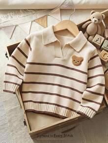 Cozy Pixies Baby Boy Cartoon Bear Pattern Knitted Soft Striped Collar Long Sleeve Pullover Autumn Winter Sweater - Brown - View 9
