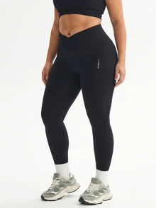 Rhythm Era Women's Plus Size Letter Print Asymmetrical Waistband Sports Leggings - Black - View 4