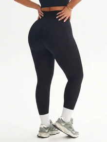 Rhythm Era Women's Plus Size Letter Print Asymmetrical Waistband Sports Leggings - Black - View 3