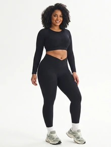 Rhythm Era Women's Plus Size Letter Print Asymmetrical Waistband Sports Leggings - Black - View 2