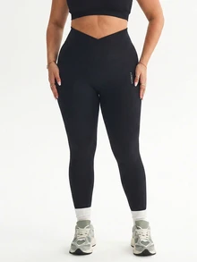 Rhythm Era Women's Plus Size Letter Print Asymmetrical Waistband Sports Leggings - Black - View 5