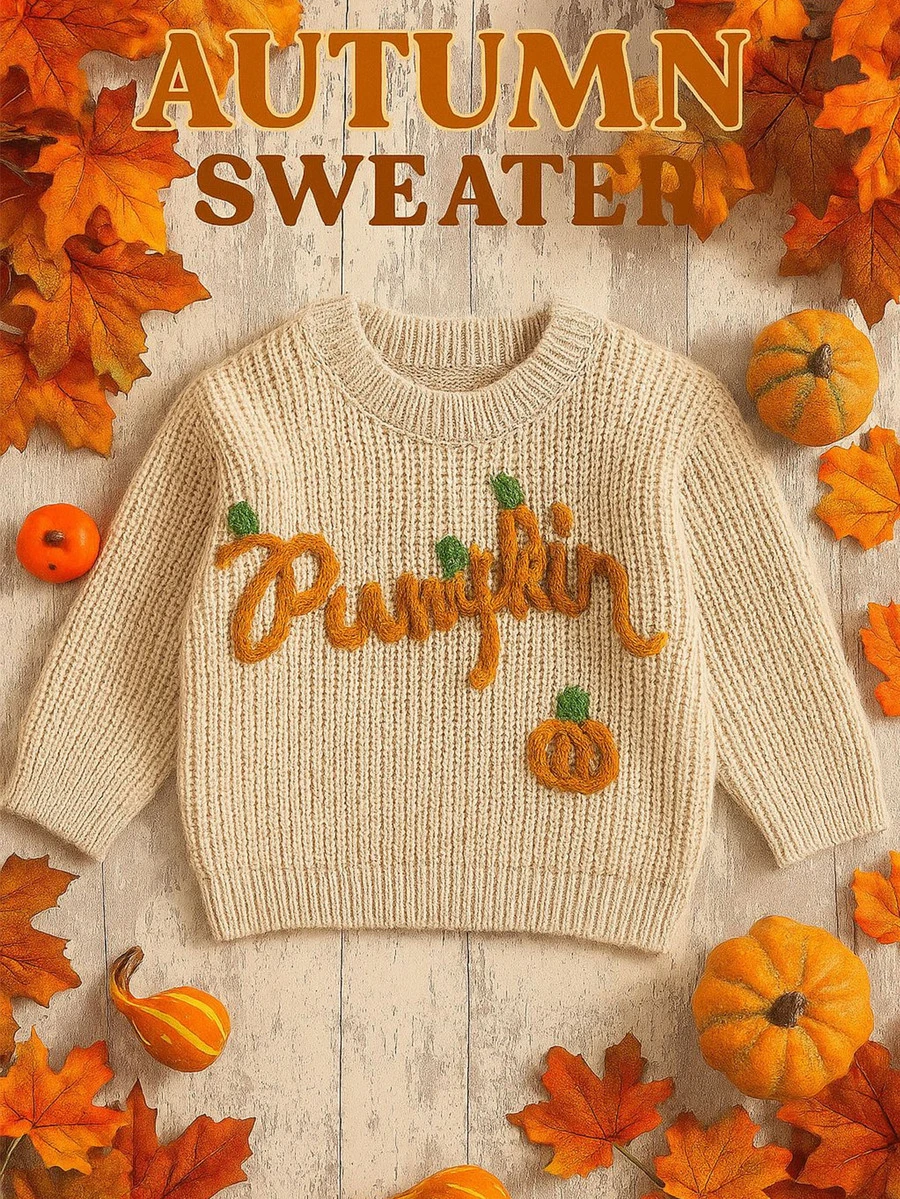 SHEIN Sweater Kasual Musim Gugur dengan Pola Huruf Rajut untuk Anak Perempuan - Khaki - View 1