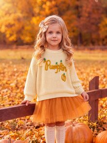 SHEIN Sweater Kasual Musim Gugur dengan Pola Huruf Rajut untuk Anak Perempuan - Khaki - View 2