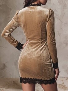 Solivie Vestido mini de terciopelo vintage para mujer, vestido de otoño - Caqui - Ver 4