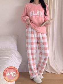 女童簡約時尚字母刺繡圖案圓領長袖格紋褲舒適2件套 抓絨內裡加厚 秋冬款 - 粉色 - 查看 7