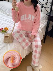 女童簡約時尚字母刺繡圖案圓領長袖格紋褲舒適2件套 抓絨內裡加厚 秋冬款 - 粉色 - 查看 6