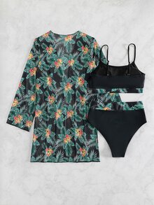 SHEIN Swim 3pcs/Set Printed Bikini Swimwear (Assorted Prints) - Green - View 5