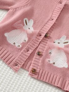 Cozy Pixies Baby Girl Cartoon Rabbit Pattern Knitted Soft Round Neck Long Sleeve Autumn Cardigan - Pink - View 6