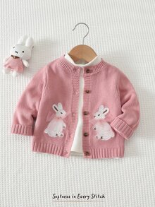 Cozy Pixies Baby Girl Cartoon Rabbit Pattern Knitted Soft Round Neck Long Sleeve Autumn Cardigan - Pink - View 7