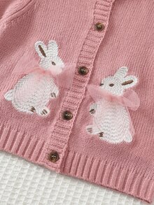Cozy Pixies Baby Girl Cartoon Rabbit Pattern Knitted Soft Round Neck Long Sleeve Autumn Cardigan - Pink - View 4