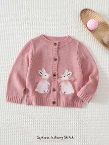 Cozy Pixies Baby Girl Cartoon Rabbit Pattern Knitted Soft Round Neck Long Sleeve Autumn Cardigan - Pink - View 3