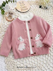 Cozy Pixies Baby Girl Cartoon Rabbit Pattern Knitted Soft Round Neck Long Sleeve Autumn Cardigan - Pink - View 1
