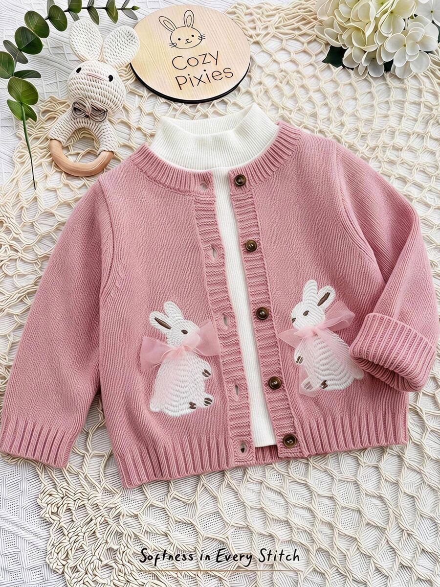 Cozy Pixies Baby Girl Cartoon Rabbit Pattern Knitted Soft Round Neck Long Sleeve Autumn Cardigan - Pink - View 1