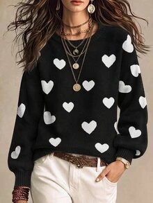 SHEIN PariChic Women's Heart Pattern Drop Shoulder Long Sleeve Loose Casual Sweater - Multicolor - View 1