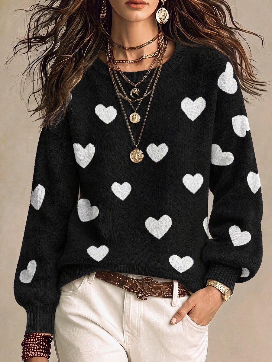 SHEIN PariChic Women's Heart Pattern Drop Shoulder Long Sleeve Loose Casual Sweater - Multicolor - View 1