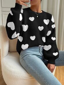 SHEIN PariChic Women's Heart Pattern Drop Shoulder Long Sleeve Loose Casual Sweater - Multicolor - View 7