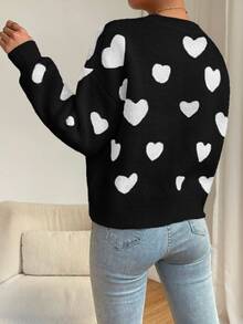SHEIN PariChic Women's Heart Pattern Drop Shoulder Long Sleeve Loose Casual Sweater - Multicolor - View 3