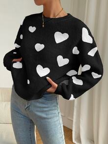SHEIN PariChic Women's Heart Pattern Drop Shoulder Long Sleeve Loose Casual Sweater - Multicolor - View 4