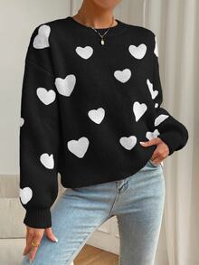 SHEIN PariChic Women's Heart Pattern Drop Shoulder Long Sleeve Loose Casual Sweater - Multicolor - View 6