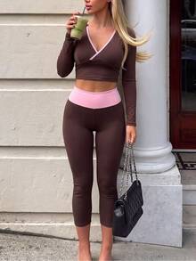 StreetHx Women's Yoga Fitness Sports Seamed Long Sleeve 3/4 Length Pants Set - Coffee Brown - View 4