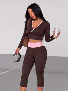 StreetHx Women's Yoga Fitness Sports Seamed Long Sleeve 3/4 Length Pants Set - Coffee Brown - View 3